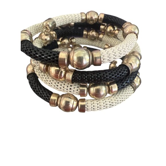 Vintage Gold Tone Cream Black Mesh Memory Wire Bracelet Cuff Adj Estate READ - Picture 2 of 4
